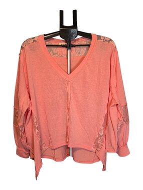 POL Coral Lace-Trim V-Neck Blouse